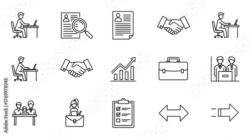 Collection of business and career related line icons.