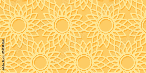 Yellow summer background with sunflower ornament. Template design for banners, posters, social media, and greeting cards.