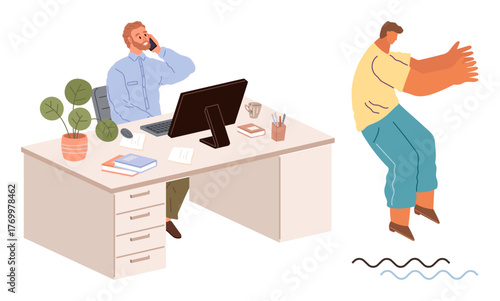 Office desk with computer, plant, documents, man talking on phone, and another man walking awkwardly. Ideal for workplace humor, challenges, multitasking, distraction communication lifestyle