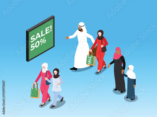 rab People in Traditional Dress Shopping with Bags and a 50% Sale Sign 3d isometric vector illustration