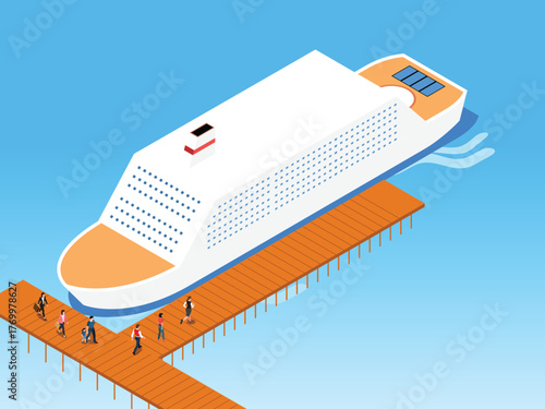 Luxury Cruise Ship or Ferry Docked at a Wooden Pier with Passengers Boarding 3d isometric vector illustration