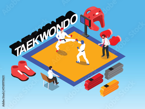 Taekwondo Martial Arts Competition and Training Concept 3d isometric vector illustration