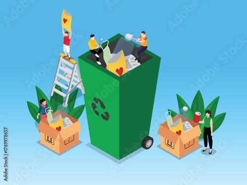 Community Recycling and Waste Management Concept 3d isometric vector illustration