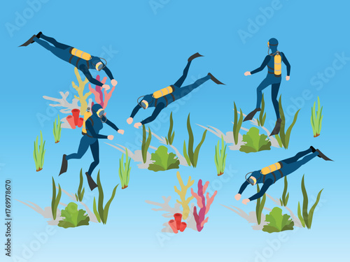 Divers Swimming in the Ocean Among Coral and Seaweed 3d isometric vector illustration