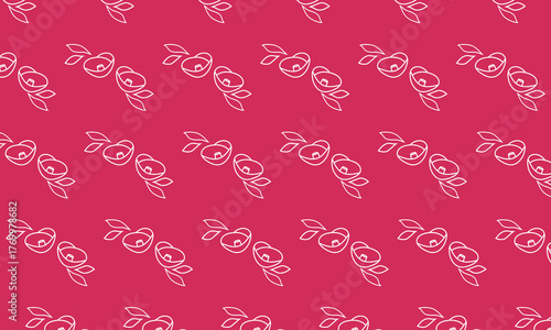 シンプルなお椀型の葉っぱ付きのツバキの花柄が並ぶ赤い壁紙