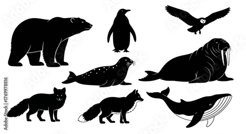 Collection of black silhouette icons featuring various Arctic and Antarctic animals polar bear, penguin, walrus, seal, arctic fox, owl, and whale illustrations for diverse nature-themed projects