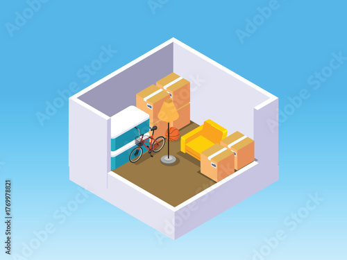 Personal Storage Room Filled with Household Items, Boxes, Furniture, and a Bicycle 3d isometric vector illustration