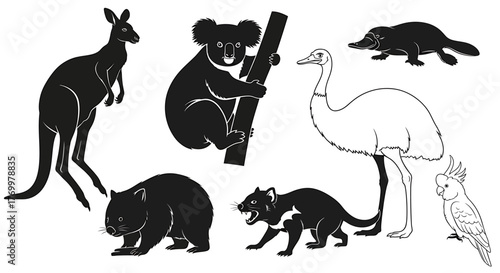 Collection of Australian Wildlife Silhouettes Including Kangaroo, Koala, Emu, Wombat, Tasmanian Devil, Echidna, and Cockatoo