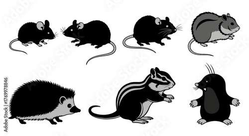 A charming set of small woodland and garden creatures illustrated in a simple monochrome style, featuring a mole, chipmunk, hedgehog, and rodents