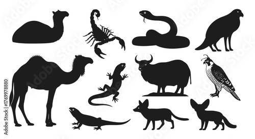 Curated vector collection of desert animal and reptile silhouettes, featuring iconic wildlife like camels, scorpions, snakes, and fennec foxes, ideal for educational and graphic design