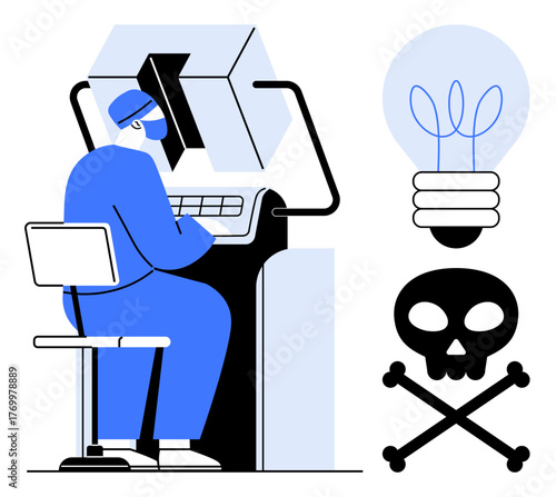 Scientist operating a high-tech machine, experimenting within regulated conditions. Skull and light bulb symbolize risk, innovation, and consequences. Ideal for technology, ethics, safety, research