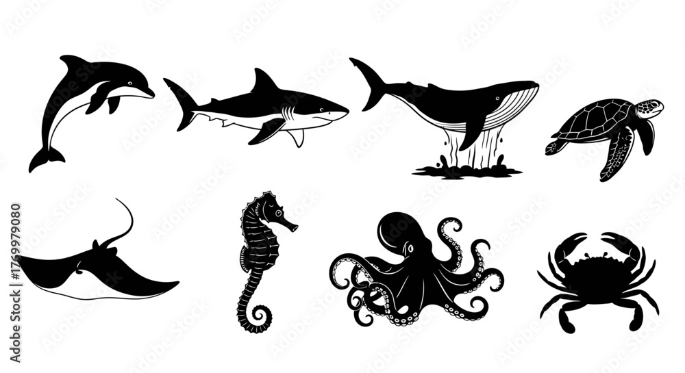 Naklejka premium A diverse collection of marine animal silhouettes. Set includes iconic ocean creatures like a dolphin, whale, shark, and octopus