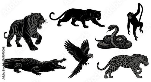 Collection of Silhouetted Wild Animals Including a Tiger, Panther, Monkey, Crocodile, Parrot, and Leopard