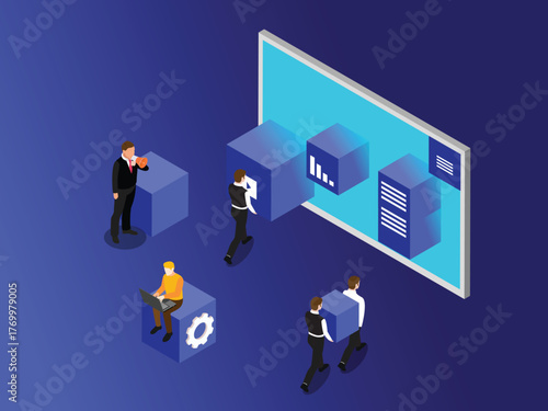 Architects Reviewing a Large Floor Plan on a Computer with a Modern Skyscraper. 3d isometric vector illustration
