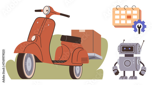Retro scooter with package, robot assistant, calendar with gear icon representing delivery, automation, and logistics. Ideal for e-commerce, delivery service, technology, scheduling logistics