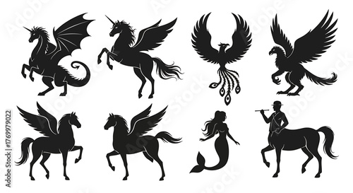 Diverse Collection of Legendary Fantasy Creatures in Silhouette Vector Set. Perfect for Mythological Design Projects, Creative Storytelling Graphics, and Digital Art Assets