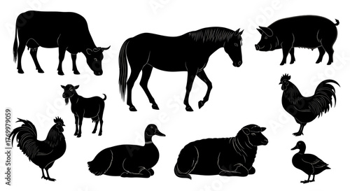 Farm Animals Silhouette Set Cow, Horse, Pig, and More