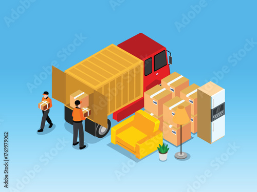 Moving and Home Relocation Logistics Service 3d isometric vector illustration