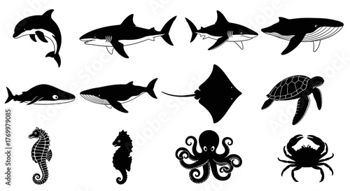 Collection of Diverse Marine Life Icons Whales, Sharks, Dolphins, Octopuses, Crabs, Seahorses, Rays, and Sea Turtles
