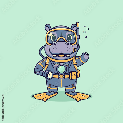 Cartoon Hippo Scuba Diver Vector Illustration in Playful Modern Style with Bright Colors for Children's Market