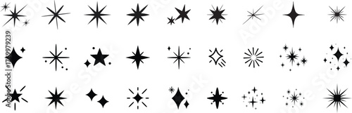 Sparkle Icons set, Sparkles, stars and bursts icons, twinkling stars. Vector set of different black sparkles icons on transparent background. Vector illustration ,glitter, twinkling and clean. Star sp