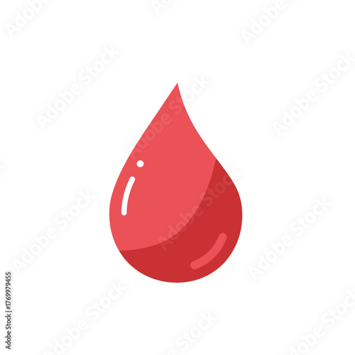 A single red blood drop with subtle highlights on a clean white background.