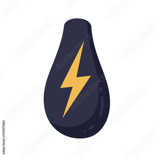 A dark, tear-drop shaped icon featuring a bright yellow lightning bolt, symbolizing energy, power, or electricity.