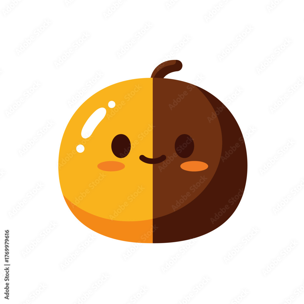 Fototapeta premium Cute cartoon fruit or candy with a happy smiling face, split in half with yellow and brown colors.