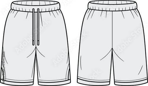 Athletic shorts front and back view, drawstring waistband, double stripe hem, fashion flat sketch, technical garment drawing, cad drawing flat vector illustration