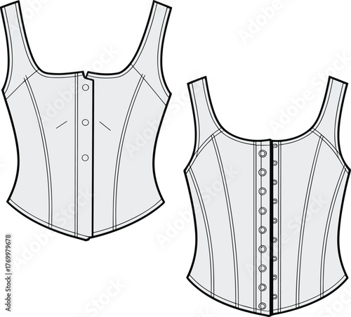 Corset-style top fashion sketch, scoop neckline, button front, structured seams, garment construction detail, CAD drawing, flat vector illustration