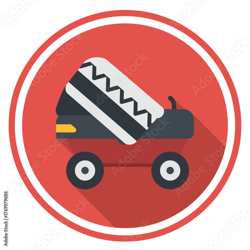Flat design icon of a dark pickup truck featuring a decorative patterned bed cover within a red circular frame.