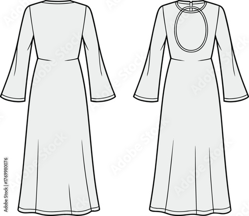 Long-sleeved dress fashion sketch, oval chest cutout, bell sleeves, floor-length silhouette, garment construction detail, CAD drawing, flat vector illustration
