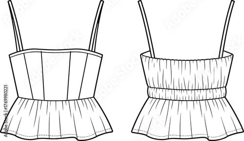 Peplum top, fashion sketch, technical drawing, gathered hem, fitted bodice, thin straps, cad drawing flat vector illustration, front and back view