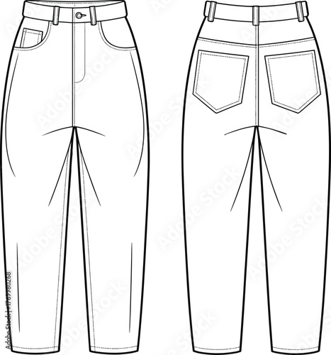 Pleated tapered pants front and back view, high waist, belt loops, button fly, fashion flat sketch, technical garment drawing, cad drawing flat vector illustration