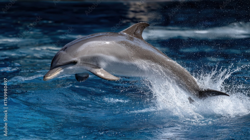 Naklejka premium Dolphin Leaping Out of Clear Ocean Water Splashing During Daytime