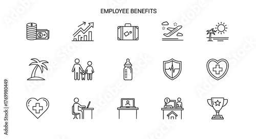 Employee benefits icons: health, vacation, retirement, and more.