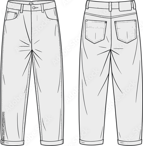 Relaxed-fit cuffed pants fashion sketch, pleated front, patch pockets, tapered leg, garment construction detail, CAD drawing, flat vector illustration