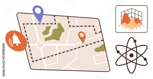 Map highlighting routes with pins, alert bell symbol, terrain chart, and atomic diagram. Ideal for navigation, science, cartography, education technology discovery innovation. A simple flat