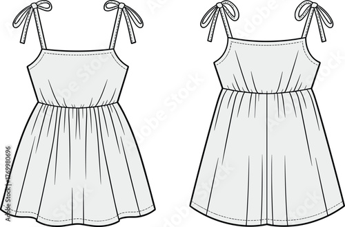 Shoulder tie strap dress technical sketch, fashion cad drawing, gathered skirt design variations, fitted bodice silhouette, front view garment, vector template