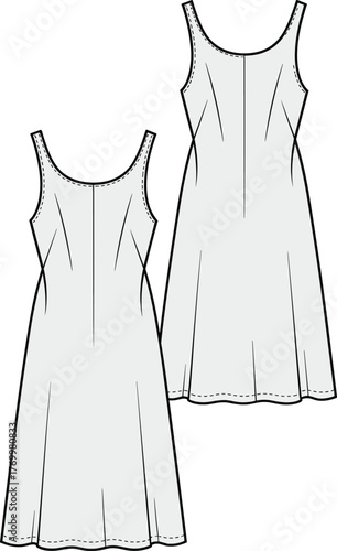 Sleeveless dress technical sketch, fashion cad drawing, princess seam bodice design, flared skirt silhouette, front back view garment, vector template