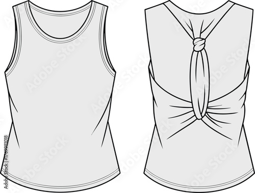 Sleeveless top technical sketch front and back, knotted back design with keyhole detail, fashion flat, cad drawing flat vector illustration
