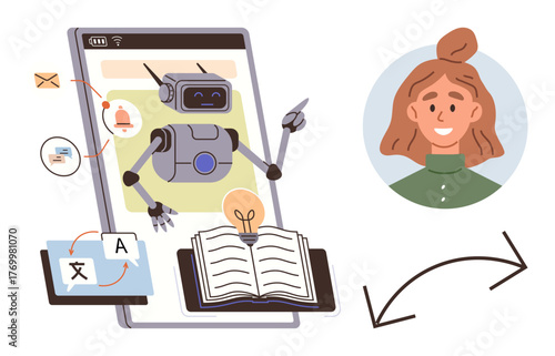 AI robot pointing from a phone screen, open book, translation tool, emails, smiling woman. Ideal for communication, language learning, technology AI translation education support themes. Simple