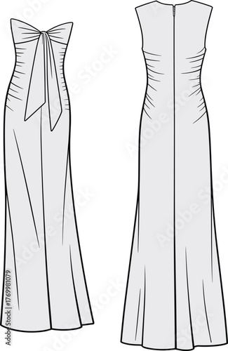 Strapless evening gown fashion sketch, sweetheart neckline, bow detail, fitted bodice, garment construction detail, CAD drawing, flat vector illustration