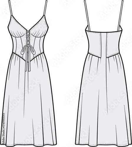 Spaghetti strap dress technical sketch, lace-up bodice fashion cad drawing, pleated flared skirt design, front back view garment, vector template