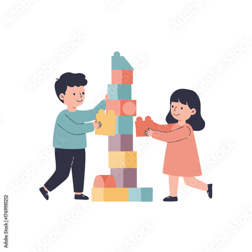 Cheerful children helping each other build a tall geometric tower are the focus of this flat 2D minimalistic illustration, symbolizing teamwork, cooperation, and construction on a white background.