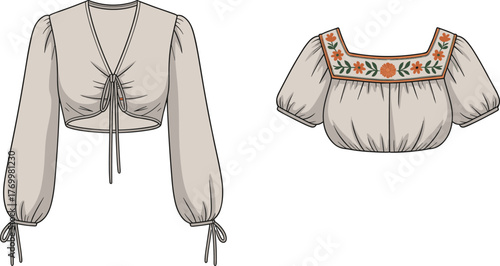 Two blouse fashion sketches, V-neck drawstring crop top and embroidered puff sleeve square neck blouse, CAD drawing, flat vector illustration