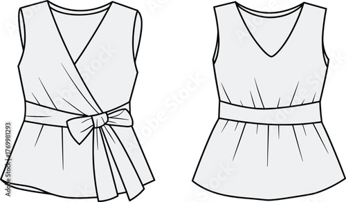 Two sleeveless top fashion sketches, V-neckline, bow tie wrap and gathered waistband styles, CAD drawing, garment construction, flat vector illustration