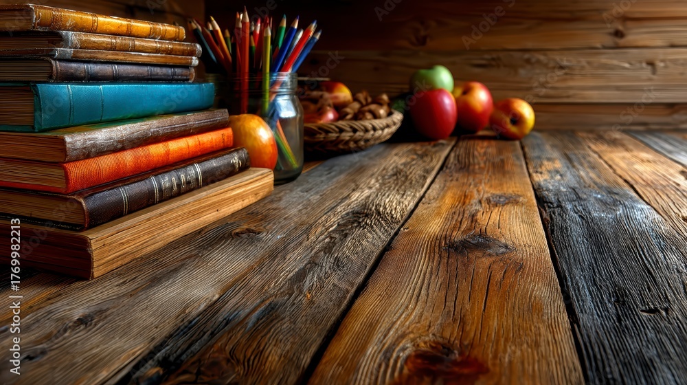 Naklejka premium Rustic Wooden Table with Books, Pencils, and Apples.