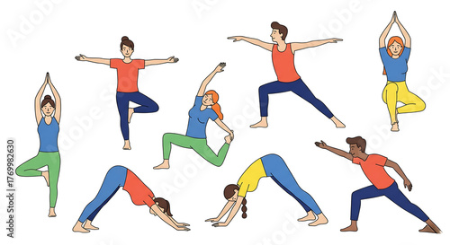 Diverse group of people performing various yoga poses and stretching exercises together
