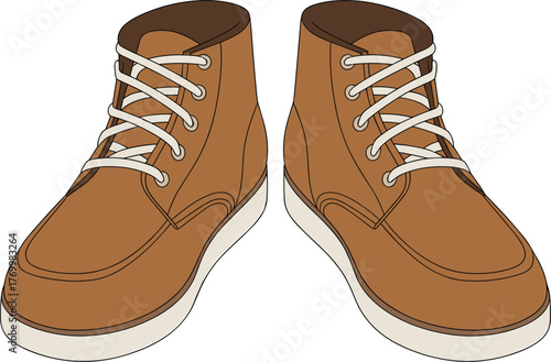 Brown leather shoes with white laces stylish fashion footwear, modern casual boots vector illustration for men, realistic detailed shoe design, isolated drawing